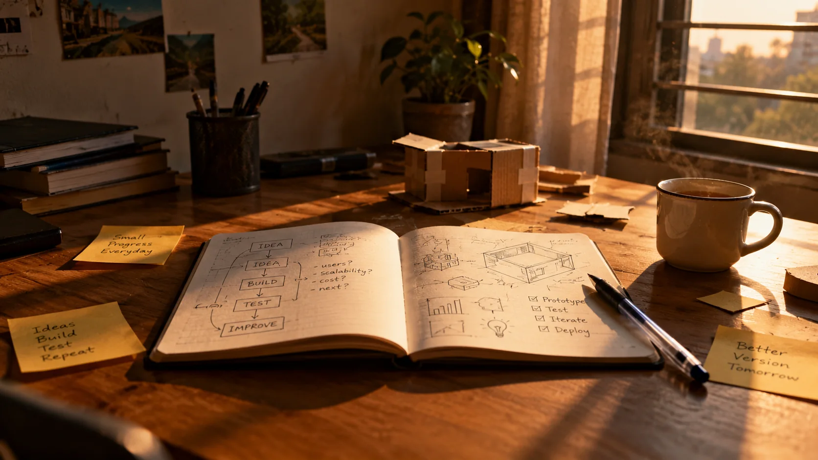 An open notebook of hand-drawn idea sketches and a small cardboard prototype on a sunlit wooden desk