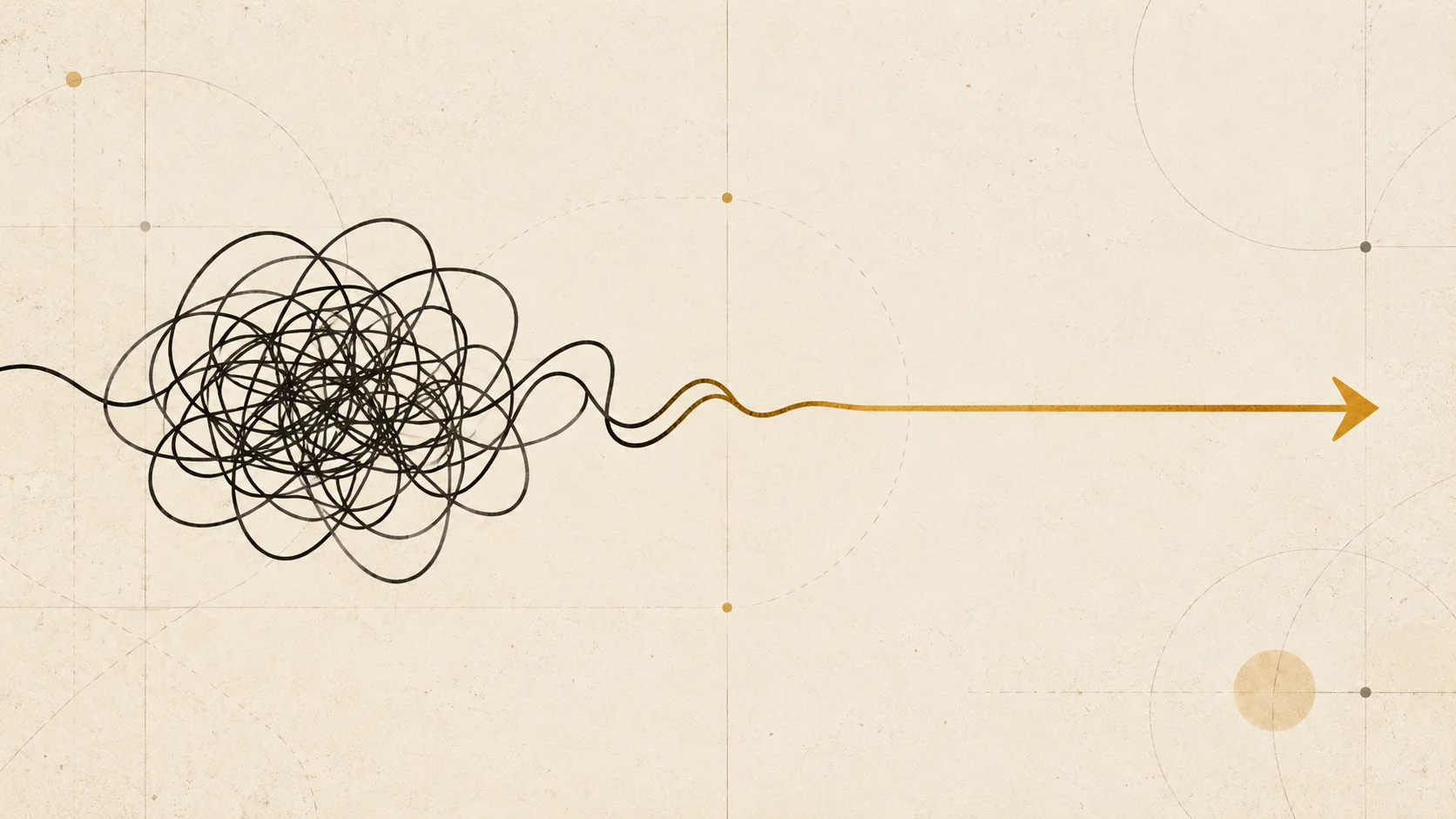 A tangled scribble on the left unwinding into a single clear arrow pointing right
